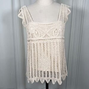 Design History Lined Crochet Tank Top Cream Cotton Boho M 19" PTP 23" L